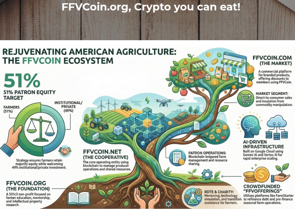Infographic: FFVCoin ecosystem — Foundation, Cooperative, and Market around a success tree and American agriculture.